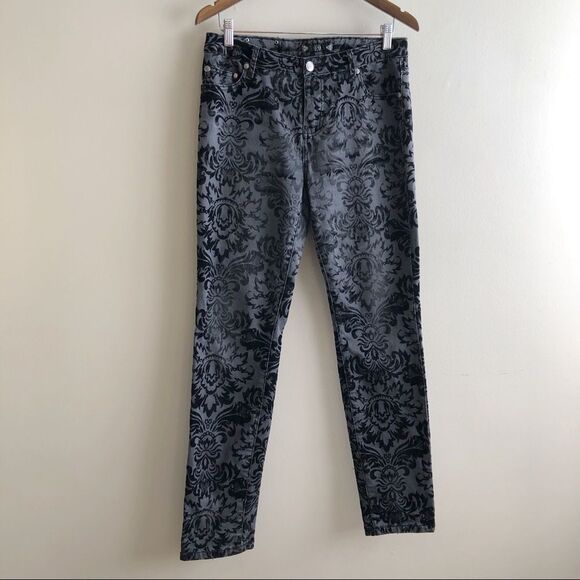 Tru Luxe Jeans Floral Flower Print Velour Stretchy Skinny Fit Jeans Pants Grey - Picture 1 of 15